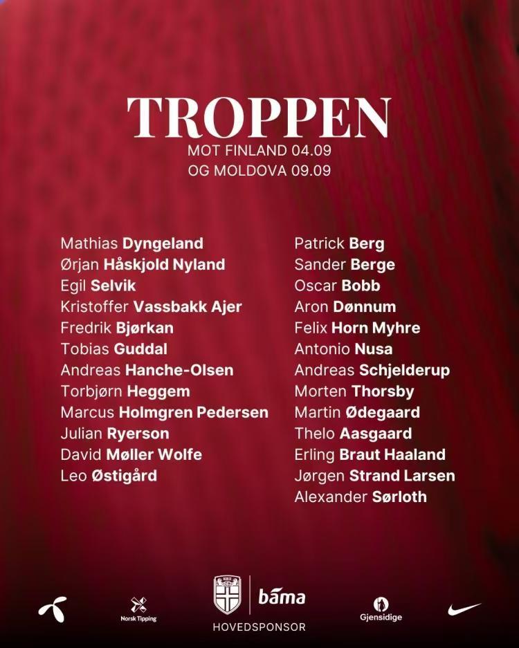 开云中国官网-挪威队世预赛大名单：哈兰德&amp;amp;厄德高领衔，瑟洛特、努萨在列